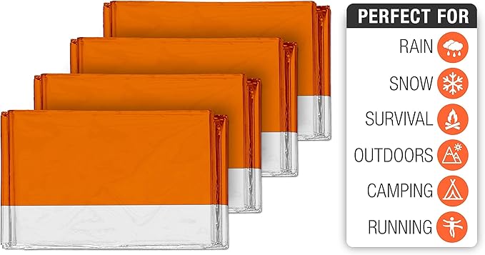 Swiss Safe 4 Pack Mylar Emergency Blankets for Survival - Compact & Insulated for Cold Weather - Designed for NASA, Outdoor, Running, Camping, Survival, First Aid Car Kit - Orange, 4 Pack