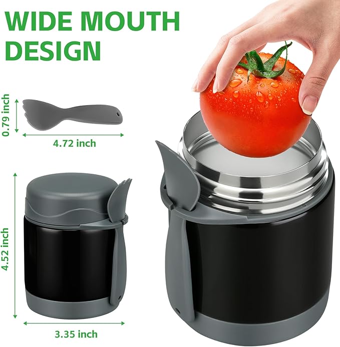 10oz Soup Thermo for Hot Food Kids Insulated Food Jar,Thermo Hot Food Lunch Container, Width Mouth Stainless Steel Lunch Box for Kids with Spoon (Black)