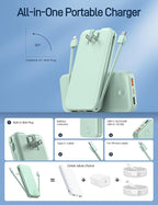 Portable Charger with Built in Cable and AC Wall Plug, USB C Power Bank 12000mAh 22.5W Super Fast Charging, Lightweight Portable Phone Charger Travel Battery Pack for iPhone, ect