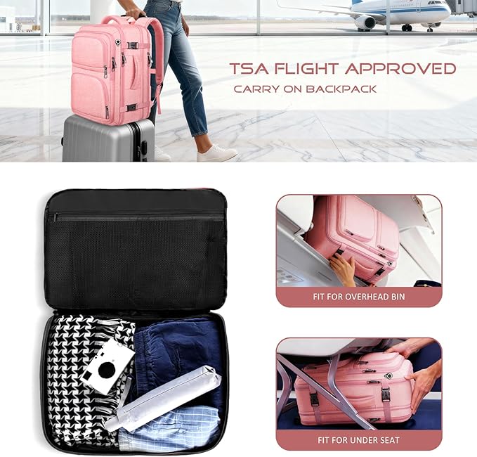 Travel Backpack for Women, Expandable Carry on Backpack, TSA 17.3 inch Laptop Bag Flight Approved, Lightweight Waterproof Business Luggage Bag, Travel Gifts for Women, Pink