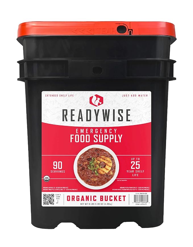 ReadyWise Emergency Food Supply - 90 Servings Organic Bucket, Protein Meals, Dehydrated & Freeze Dried Survival Food for Backpacking, Camping Essentials & Prepping Supplies, up to 25 Year Shelf Life