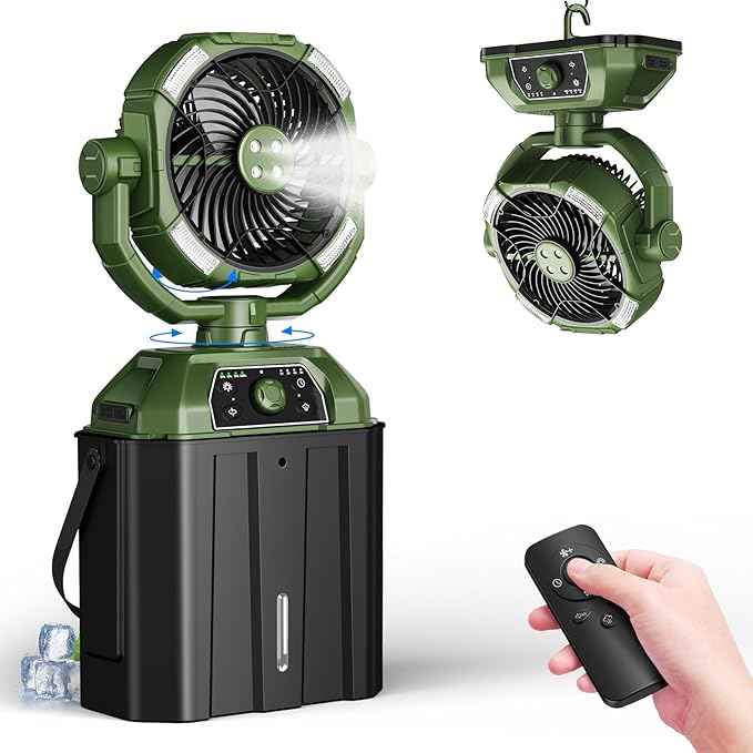 Misting fan with 7L bucket 90°Oscillating ,4 Spray Mister 25000mAh Rechargeable Camping fan with Remote Control Stepless Speed and Timer for Patios/Camping，Waterproof Design Outdoor Fans (Green)