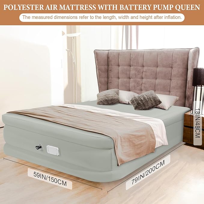 Air Mattress Queen with Built in Pump, Rechargeable USB-C Electric Pump, Self Inflatable Mattress Queen, Fiber-tech Portable Blow Up Mattress for Camping, Indoor and Outdoor(18" Height, Green)