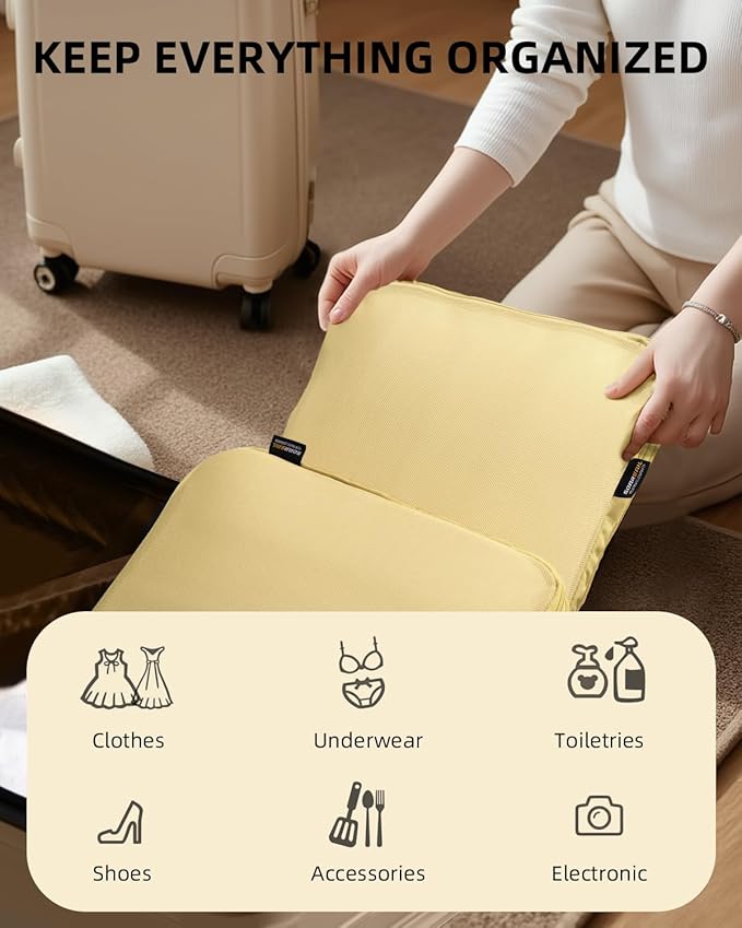 6 Set Compression Packing Cubes for Travel, Large Medium Small Luggage Organizers (Bright Yellow)