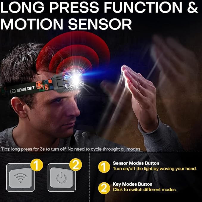 Rechargeable Headlamp Flashlight 3-Pack, 2000 Lumen Super Bright LED Headlight with Red Light, Motion Sensor for Adults Kid, Waterproof Lightweight Head Lamp for Outdoor Camping Running Hiking Fishing