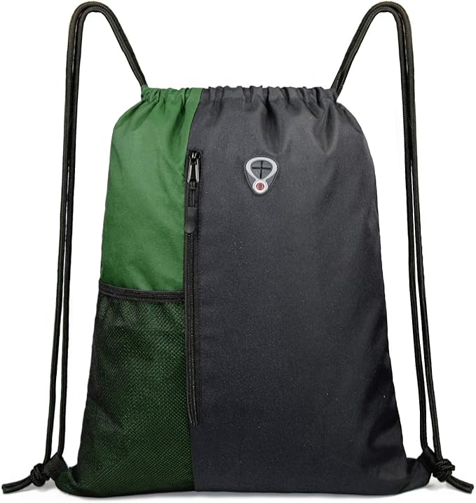 BeeGreen Green Drawstring Bag Sports Gym Backpack for Women Men Large Cinch Sackpack Day Pack with Zipper and Water Bottle Mesh Pockets (Black/Green)
