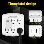 6-Outlet Extender, 3-Prong Ground Wall Tap Adapter with Safety Cap & LED Guide Light, Cruise Essentials, Multiple Plug Electrical Outlets Splitter for Home, Office, Dorm Room, ETL Listed, White
