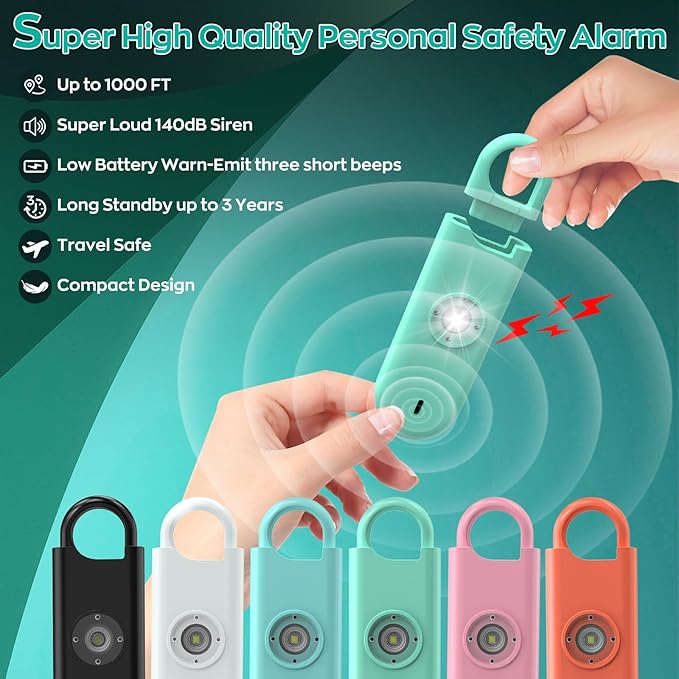 Fauxomor 140dB Personal Safety Alarm for Women, 3 Pack Safe Alarm Protection Keychain with Strobe Light & Low Battery Notice, Security Siren Self Defense for Seniors College Girls, White+Green+Orange
