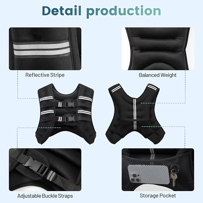 Weighted Vest, 8lb/12lb/16lb/20lb/25lb/30lb Weight Vest with Two Adjustment Straps for Men Women, Weight Vests with Reflective Stripe for Strength Training, Running, Jogging, Walking