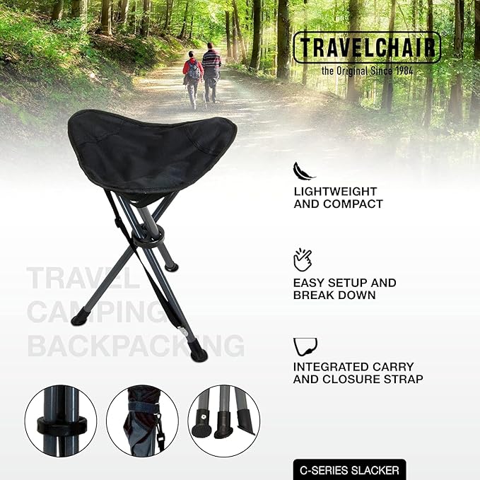 Travel Chair C-Series Slacker Tripod Chair for Camping, Lightweight Chair, Adjustable Carry Strap for Easy Transport | Outdoor Adventures Lighter Version of The Original Slacker Stool, Black - 2-Pack