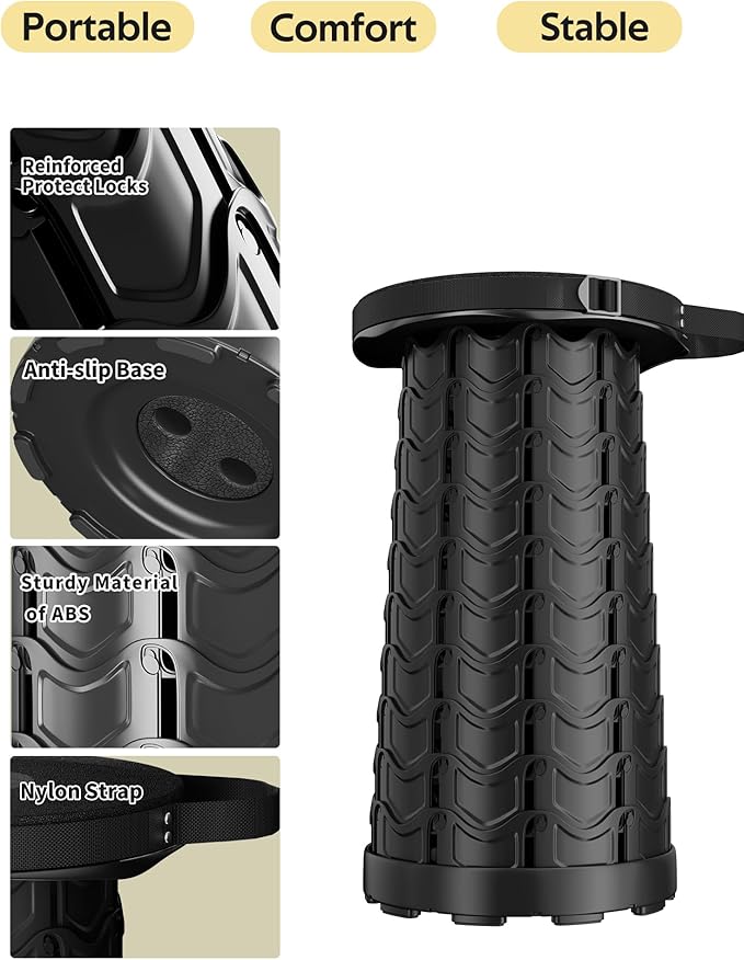 Upgraded 2PCS Collapsible Stool with Cushion & Waterproof Bag - 400lbs Heavy Duty Portable Folding Stool for Adults, Telescoping Camping Seat with Carrying Straps for Fishing Hiking Travel BBQ