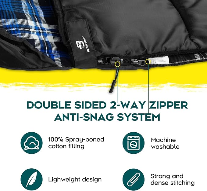 Bessport Sleeping Bag Winter | Flannel Lined 18℉ - 32℉ Extreme 3-4 Season Warm & Cool Weather Adult Sleeping Bags Large | Lightweight, Waterproof for Camping, Backpacking, Hiking