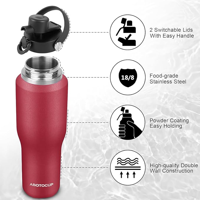 Insulated Water Bottle 40oz with Straw/Spout Lids, Stainless Steel Water Bottles Keep Cold 24h&Hot 12h, Metal Water Bottle with Straw that Fits in Cup Holder, Water Bottle Leak-proof,BPA Free
