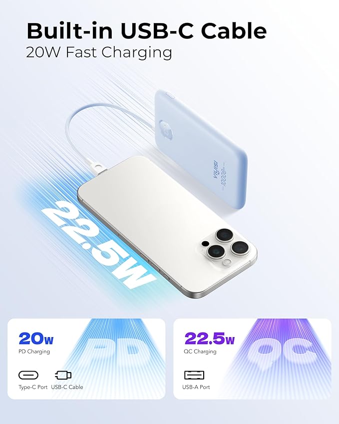 Slim Portable Charger 10000mAh, Travel Power Bank with Built-in USB-C Cable & LED Display, 22.5W Fast Charging Battery Pack Compatible with iPhone 16 15 Samsung S24 S23 -Blue