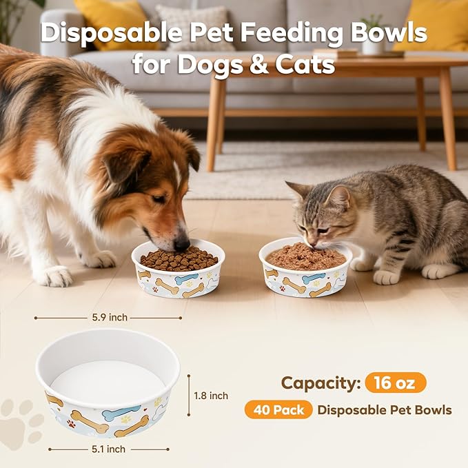 40 Pack Disposable Dog Bowls, 16 oz Paper Pet Bowls for Cats & Dogs, Disposable Cat Food Bowls for Dry Wet Food & Water, Travel Feeding Bowls for Small Medium Pets