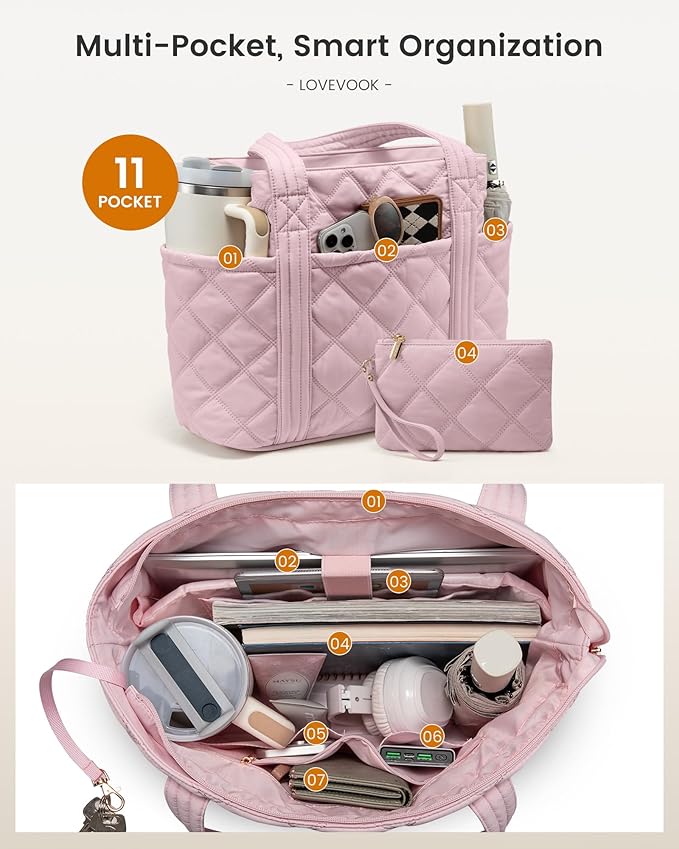 LOVEVOOK Puffer Tote Bag for Women, Puffy Work Handbag, Travel Shoulder Carry On Bag with Zipper for Teacher Nurse Gym