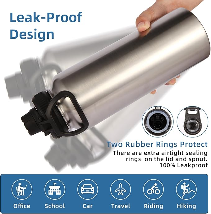 Volhoply Insulated Water Bottles Bulk 8 Pack, 40 oz Stainless Steel Sports Bottle with Paracord Handle & Spout Lid, Vacuum Metal Travel Water Cups with Wide Mouth,Reusable Large jug(Silver,8 Set)