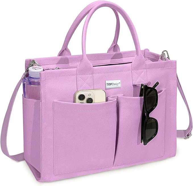 TOPDesign Heavy-Duty Canvas Tote Bag for Women, Adjustable Crossbody/Shoulder Handbag with 9 Pockets, Everything Tote