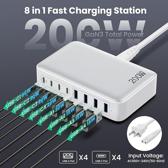 USB C Charger 200W USB C Charger Block,Upgraded GaN III 8-Port Fast Charging Station Hub,PD 65W Laptop Charging Adapter Compatible with MacBook Pro/Air,DELL,Steam Deck,iPhone 16/15/14,Galaxy S23/22