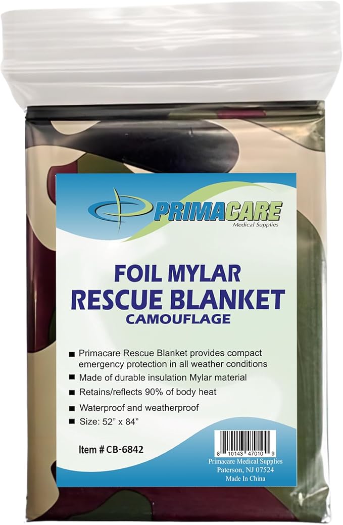 Primacare CB-6842-10 Pack of 10 Emergency Foil Mylar Thermal Blanket Camouflage, 84" Length x 52" Width