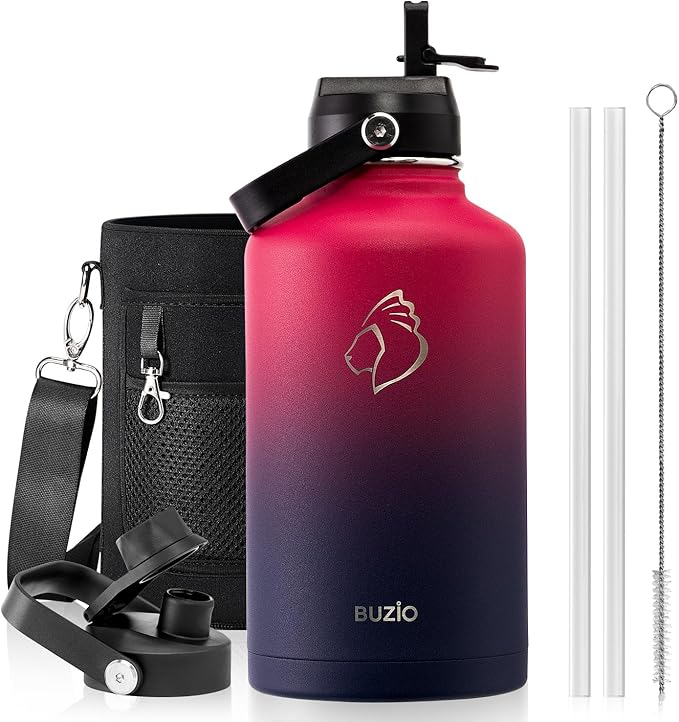 BUZIO 64oz Insulated Water Bottle Stainless Steel Double Wall Leak Proof Half Gallon with Straw Lid and Flex Cap (Cold for 48 Hrs) Sports Flask Metal Travel Mug for Hiking Cycling, Ruby Red Navy