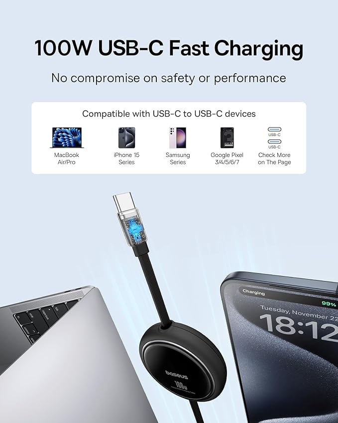 Baseus Picogo Magsafe Portable Charger, Qi2 Certified 0.5" Ultra Slim 15W Wireless Power Bank USB C to USB C Cable, 100W Retractable USBC 5A Fast Charging Cable