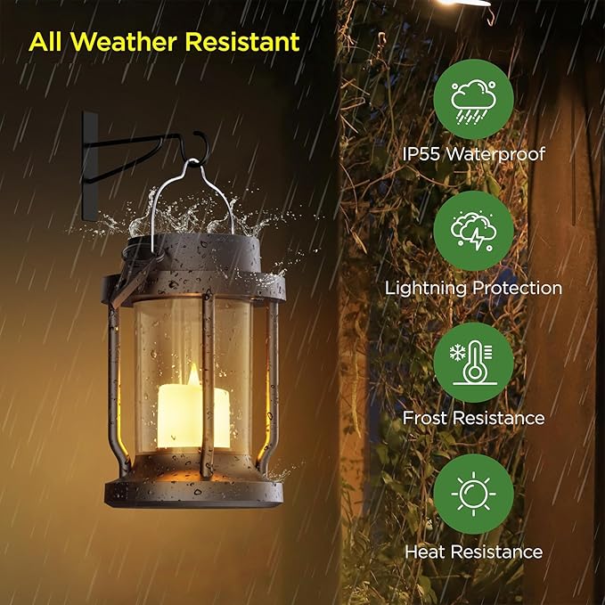 Solar Lantern Outdoor & Indoor Use – Hanging Solar Lights with Realistic Flickering Flameless Candle, Weatherproof for Gardens, Patios, Trees, and Lawns (Black, 8 Pack)
