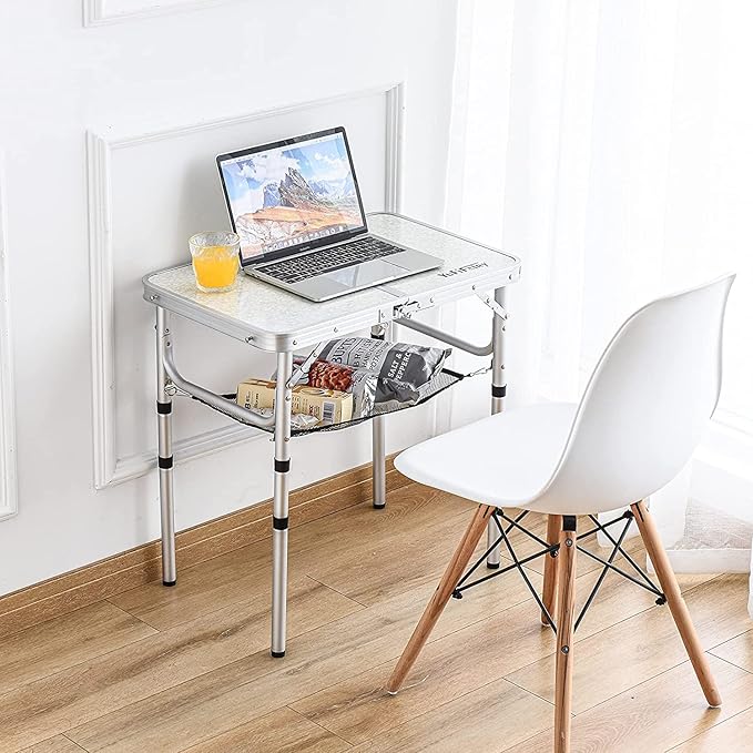 Small Folding Table 2 Foot, Portable Camping Table with Mesh Holders,Lightweight Aluminum Adjustable Height, with Carry Handle for Camping Picnic Indoor Outdoor, White 24 x 16 inch (3 Heights）