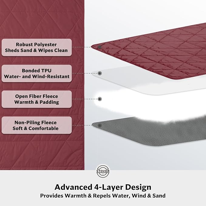 STOVER Waterproof Stadium Blanket – Portable Outdoor Camping Blanket for Travel, Picnics, or Sports – Warm, Windproof, Lightweight, and Packable (Summit Red)