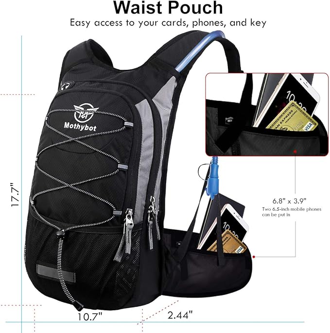 Insulated Hydration Backpack Pack with 3L BPA Free Leak Proof Water Bladder, Large Storage Lightweight Hiking Daypack with Waist Pouches & Cooler Layer, for Running, Biking, Camping, Festival