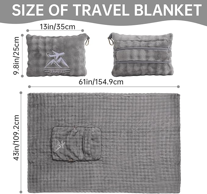 Travel Blanket and Pillow-2-in-1, Ultra-Soft&Compact, One-Piece Airplane Blanket with Hand Luggage Belt and Backpack Clip,Travelers Accessories Gifts, 61x43 Inches (Gray)
