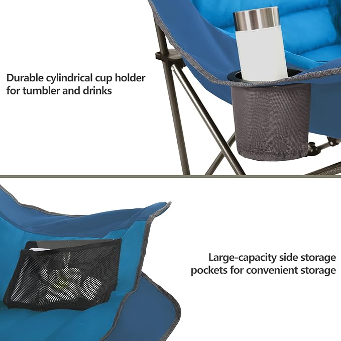 Colegence Oversized XL Padded Camping Chair Wide Heavy Duty Lawn Chairs Support 450 LBS Portable Folding Gaint Plus Camp Chair with Side Pocket Cup Holder for Outdoor Outside Sports Baseball-Blue