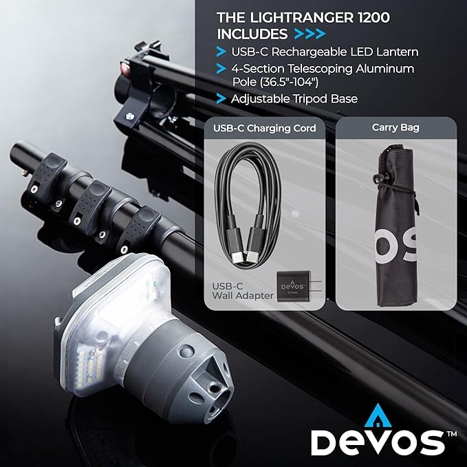 Devos Outdoor LightRanger 1200 - High-Performance LED Tripod Lantern with Adjustable Height, 9 Feet Tall with 1200 Lumens Brightness, and Long Battery Life.