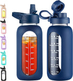 CIVAGO 32 oz Glass Water Bottle with Straw and Handle, Large Sports Motivational Water Bottle Flask with Time Marker and 2 Lids, Leakproof Water Jug Canteen with Silicone Sleeve for Gym,Navy