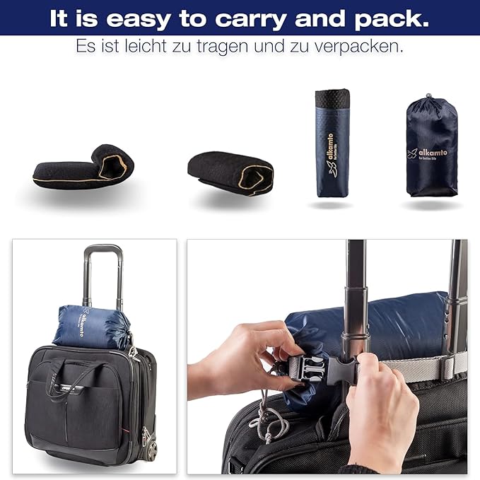 alkamto Travel & Camping Comfortable Memory Foam Pillow – Easy to Carry Portable Bag – Temperature Regulating Pillow Case (Black Contour)