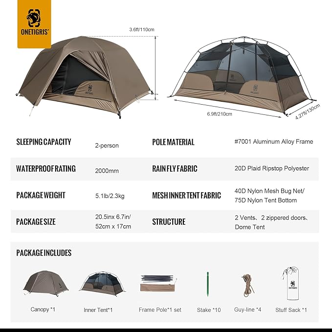 OneTigris COSMITTO 2 Person Backpacking Tent Shelter- Free Standing Lightweight Waterproof 3 Season Camping Tent for Outdoor Hiking Mountaineering