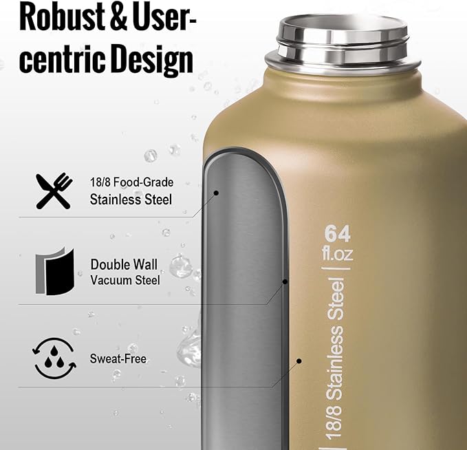 OneTigris Tactical Half Gallon Water Bottle with Straw - 64 oz Vacuum Insulated Stainless Steel Water Jug, Leakproof Sport Bottle with 3 BPA Free Lids, Paracord Handle & MOLLE Water Pouch for Outdoor