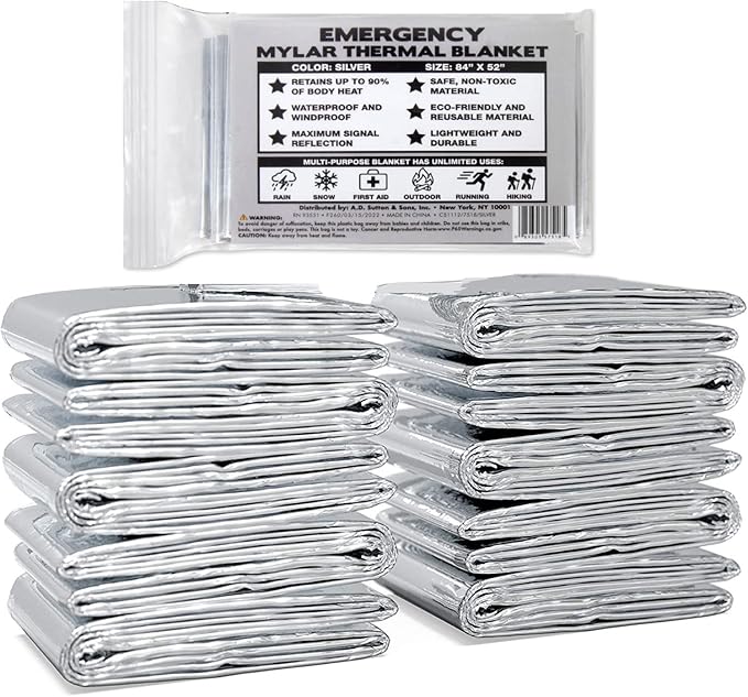 10 Pack Mylar Emergency Thermal Blankets for Survival, Thick Reusable Mylar Space Blankets Bulk 52x84 Emergency Foil Blankets for Warmth, Camping, Runners, Spa, First Responders