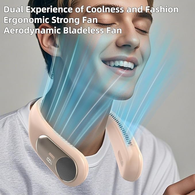 Portable Neck Fan,Personal Wearable Bladeless Fan,LED Display,4-Speeds,6000mAh USB Rechargeable,360° Strong Cooling Wind,Hands Free,Long Lasting,Birthday Gifts for Men Women Dad Mom (Brown)