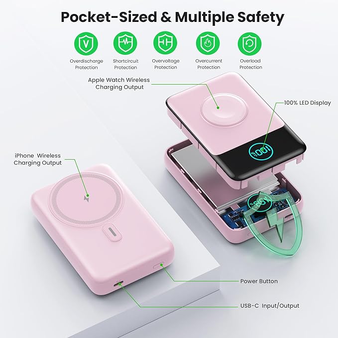 Magnetic Portable Charger for iPhone, 3-in-1 10800mAh Qi2 15W Wireless Power Bank with iWatch Charger,30W PD Fast Charging USB-C LCD Display Battery Pack for Magsafe,iPhone 16/15/14/13/12, Apple Watch