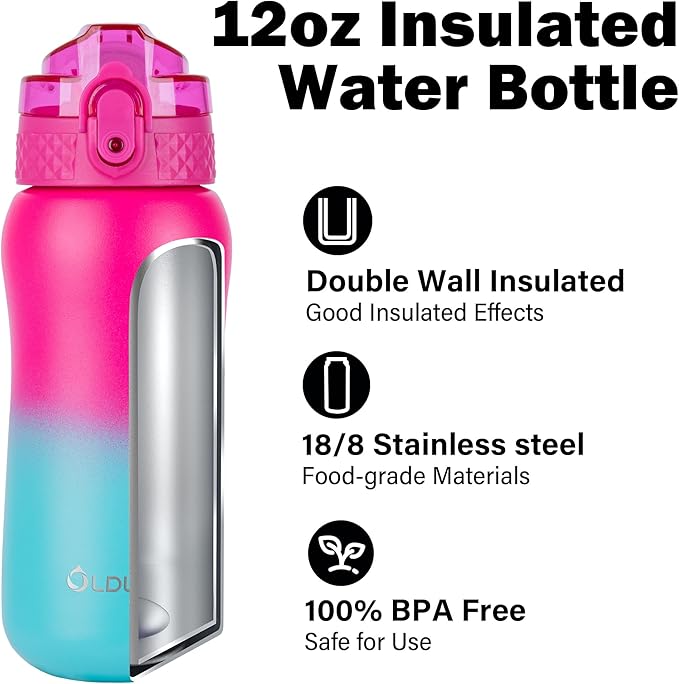 Oldley Insulated Water Bottle 12oz Kids Water Bottles with Straw, Stainless Steel Water Bottle with 2 Lids,Double Wall Vacuum Bottle, Leak-Proof Sports Bottles for School Travel, Rose Red-Green