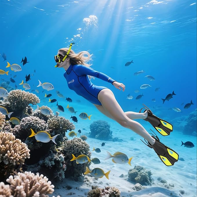 Snorkeling Gear for Adults Men Women, 3 in 1 Snorkel Set with Panoramic View Diving Mask Anti-Fog Anti-Leak, Snorkel Mask Dry Top Snorkel Fins for Swimming, Snorkeling and Travel Diving