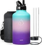 BUZIO 64oz Insulated Water Bottle Stainless Steel Double Wall Leak Proof Half Gallon with Straw Lid and Flex Cap (Cold for 48 Hrs) Sports Flask Metal Travel Mug for Hiking Cycling, Hydrangea