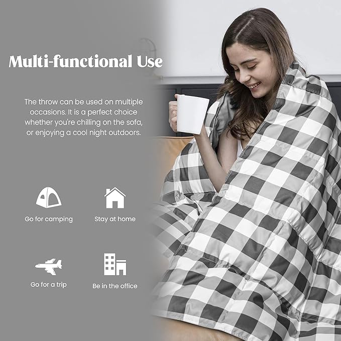 puredown® Checkered Feather Down Throw Blanket Lightweight Packable Buffalo Plaid Throw for Indoor and Outdoor Use, 50"X70", Black and White