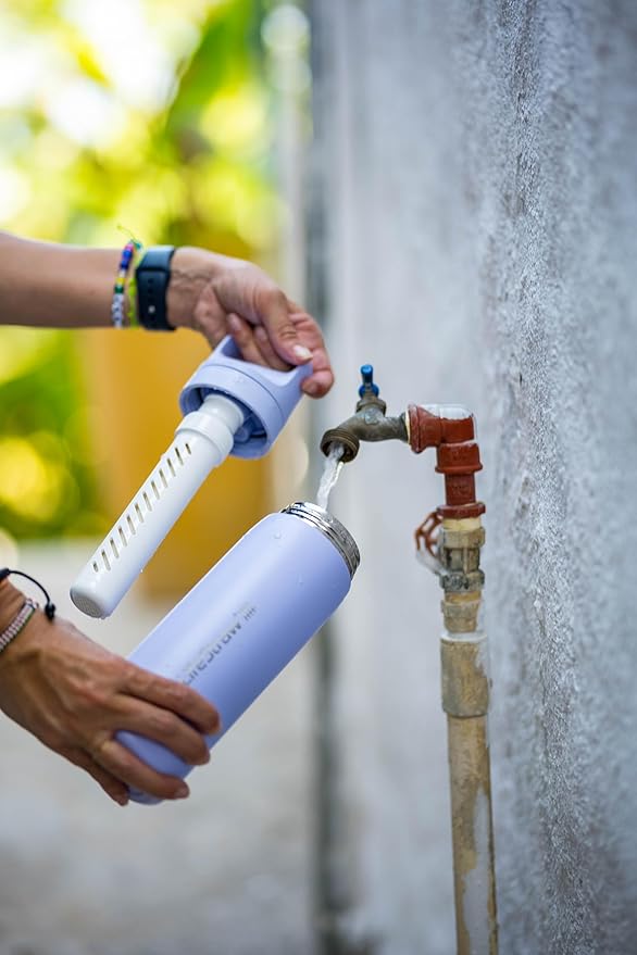 LifeStraw Go Series – Insulated Stainless Steel Water Filter Bottle for Travel and Everyday Use, Removes Bacteria, Parasites and Microplastics, Improves Taste, 18oz Aegean Sea