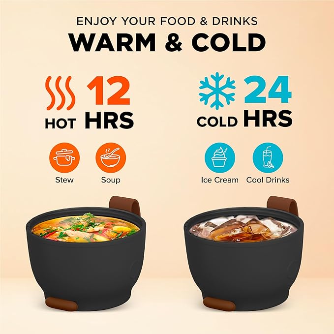 ENERGIFY Vacuum Insulated Food Jar. Large 24oz Bowl incl. Folding Spoon, Cup. Wide Mouth Keep Hot & Cold Drinks Soup Lunch Container for Adults. BPA-Free Stainless Steel, Leak Proof Red Mahogany