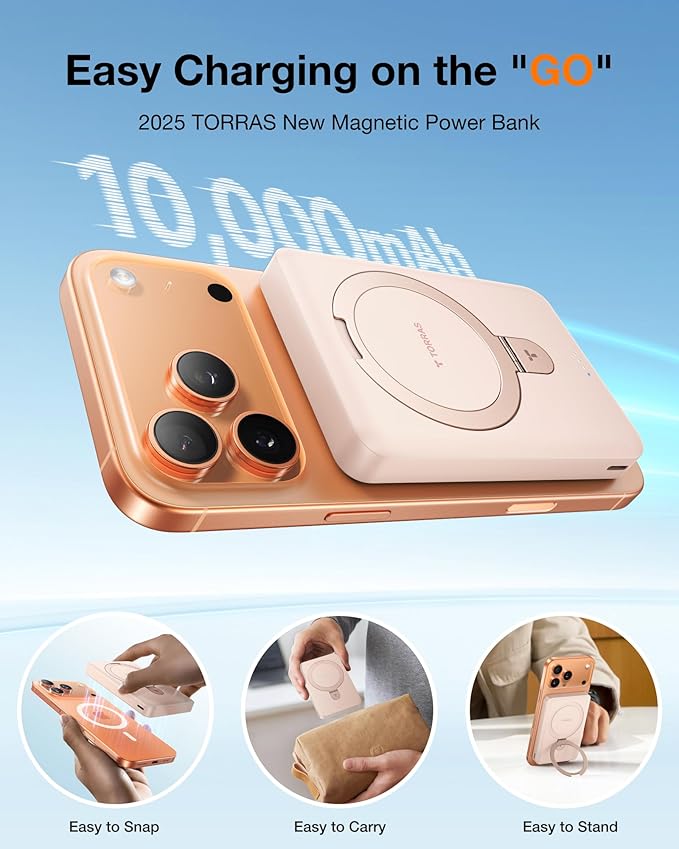 TORRAS EasyGo 10000mAh Magnetic Portable Charger Power Bank for iPhone, Fast Charging Travel Essential Wireless Battery Pack with Stand Compatible with Magsafe,17 Pro Max,Pro,16,15,14,13,12, Rose Gold