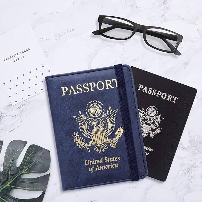 WALNEW Passport Holder for Travel, RFID Passport Cover Wallet for Women Men, PU Leather Passport Book Card Holder Case with Pen, Travelling Essentials for Flying