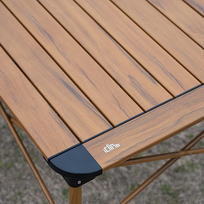 iClimb Lightweight Stable Alu. Folding Square Table Roll Up Top with Carry Bag for Camping Picnic Backyards BBQ Camp Kitchen (Nature, L)