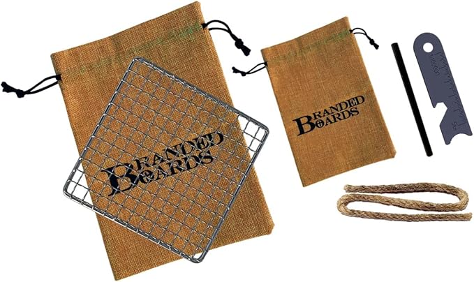 Portable Bushcraft Stainless BBQ Cooking Grill Grate, Bamboo Cutting Board, Burlap Bag, Mini Knife, Fire Starter Kits. Camping, Campfires, Backpacking, Hunting & Fishing Gear